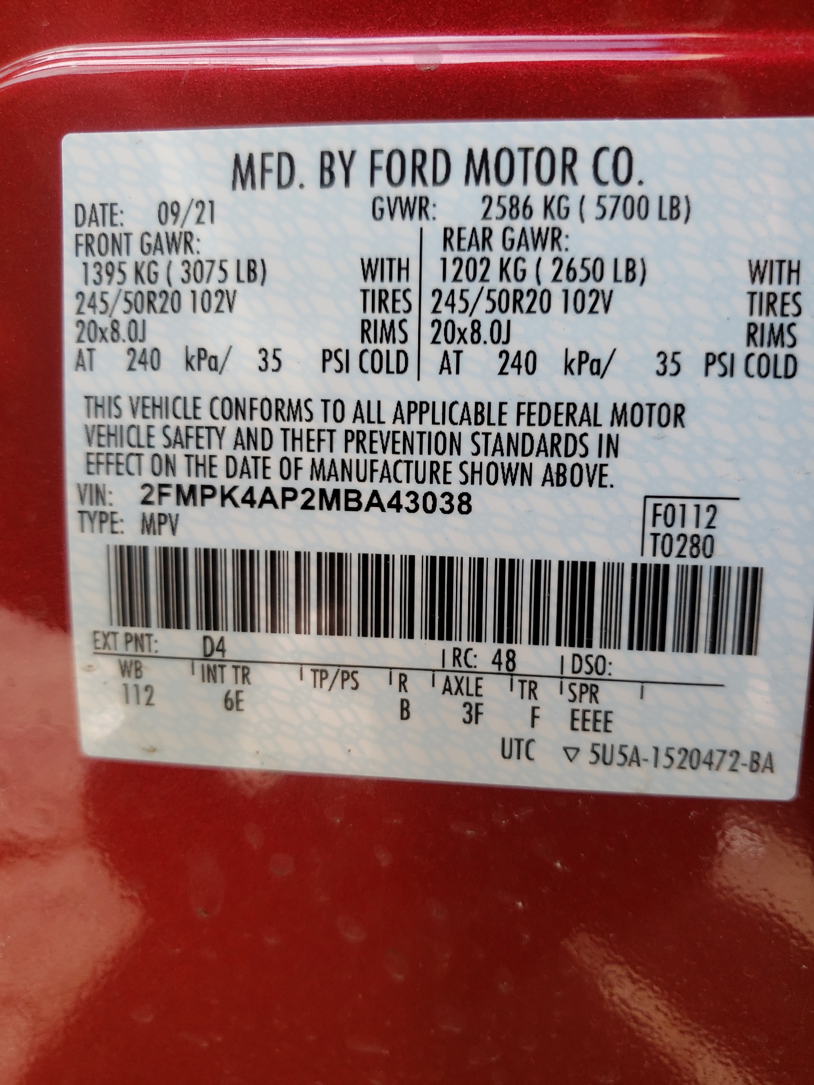 2021 Ford Edge VIN 2FMPK4AP2MBA43038 Copart auction photo, front end / rear end damage thumbnail 10