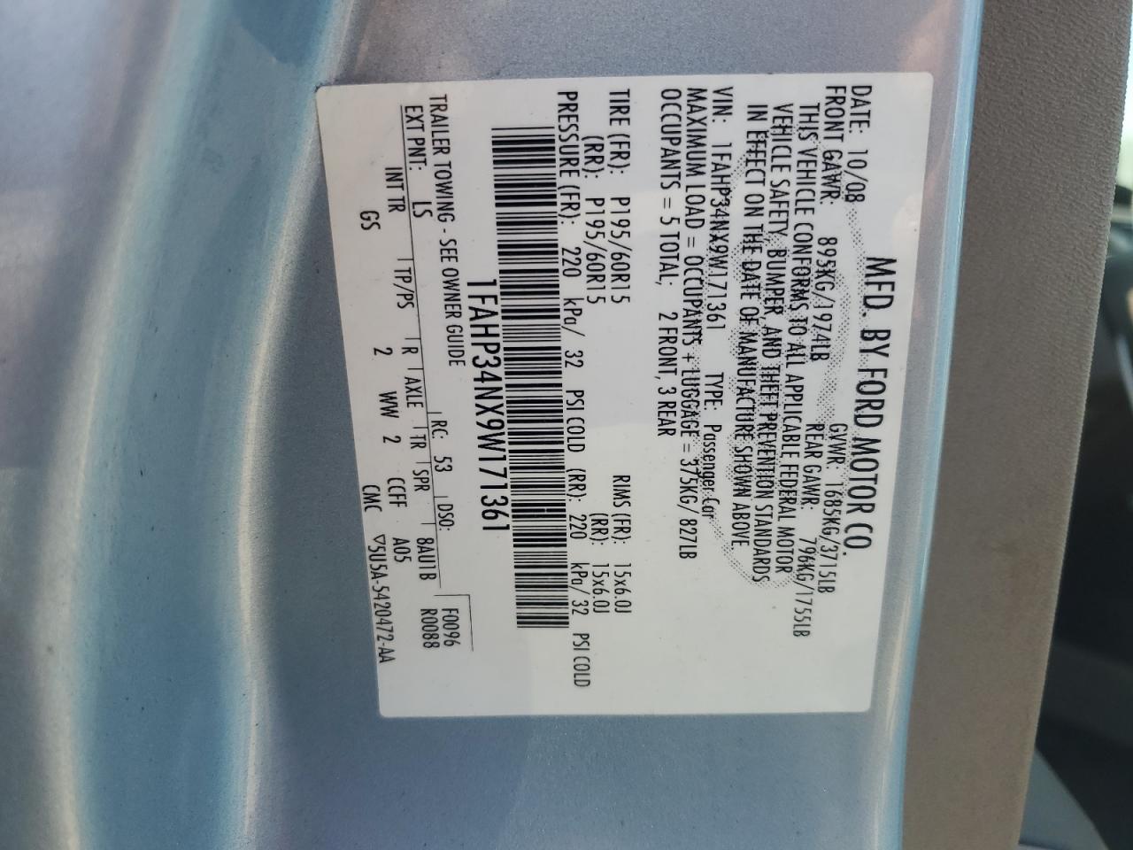 2009 Ford Focus VIN 1FAHP34NX9W171361 Copart auction photo, rear end damage thumbnail 14