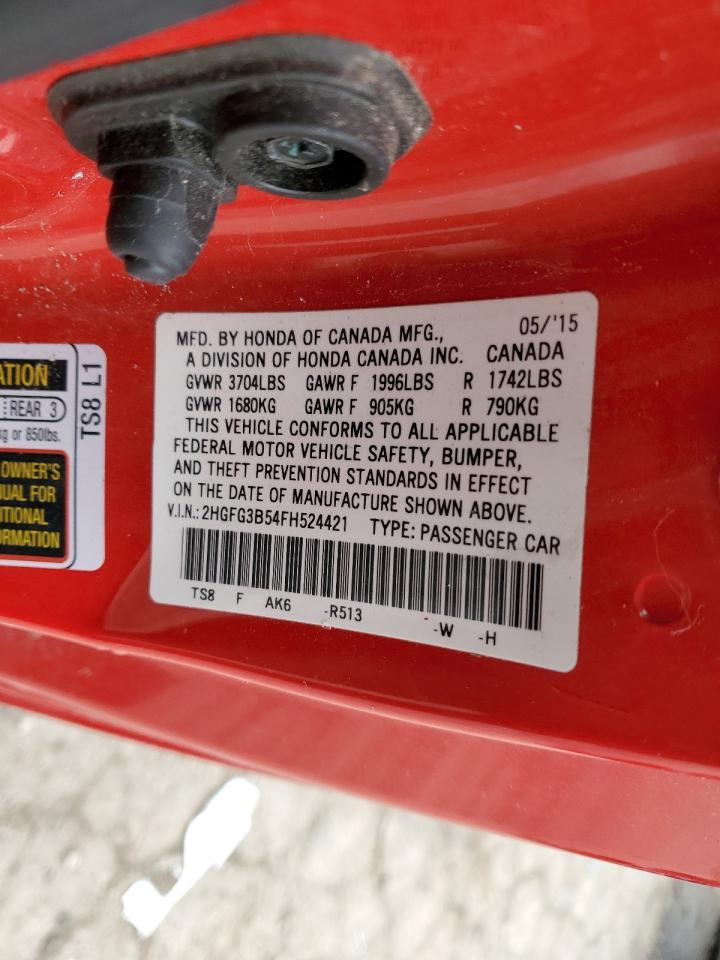 2015 Honda Civic VIN 2HGFG3B54FH524421 Copart auction photo, rollover / mechanical damage thumbnail 12