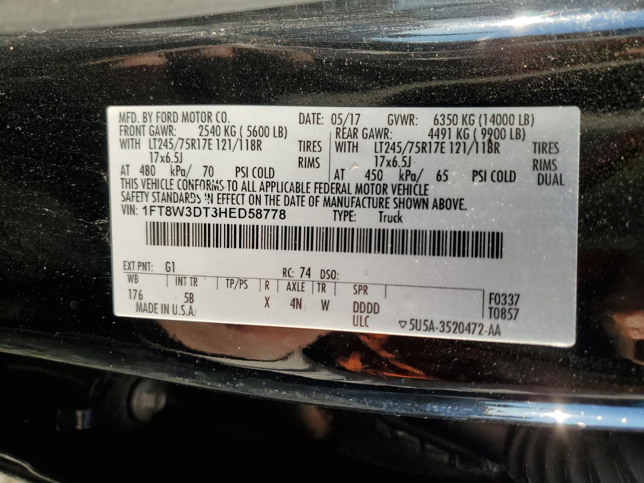 2017 Ford F350 VIN 1FT8W3DT3HED58778 Copart auction photo, all over / undercarriage damage thumbnail 12