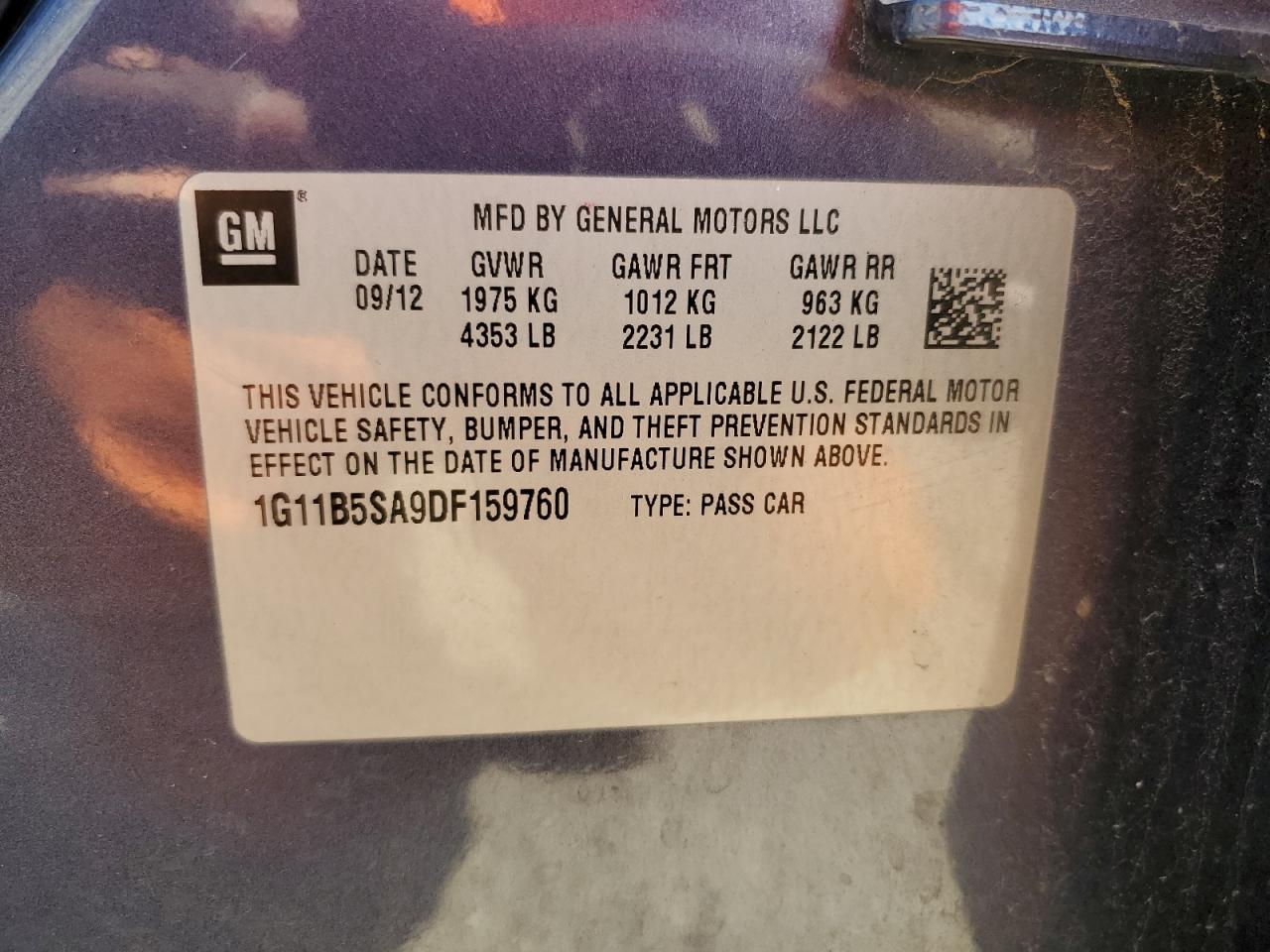 2013 Chevrolet Malibu VIN 1G11B5SA9DF159760 Copart auction photo, rear end damage thumbnail 15