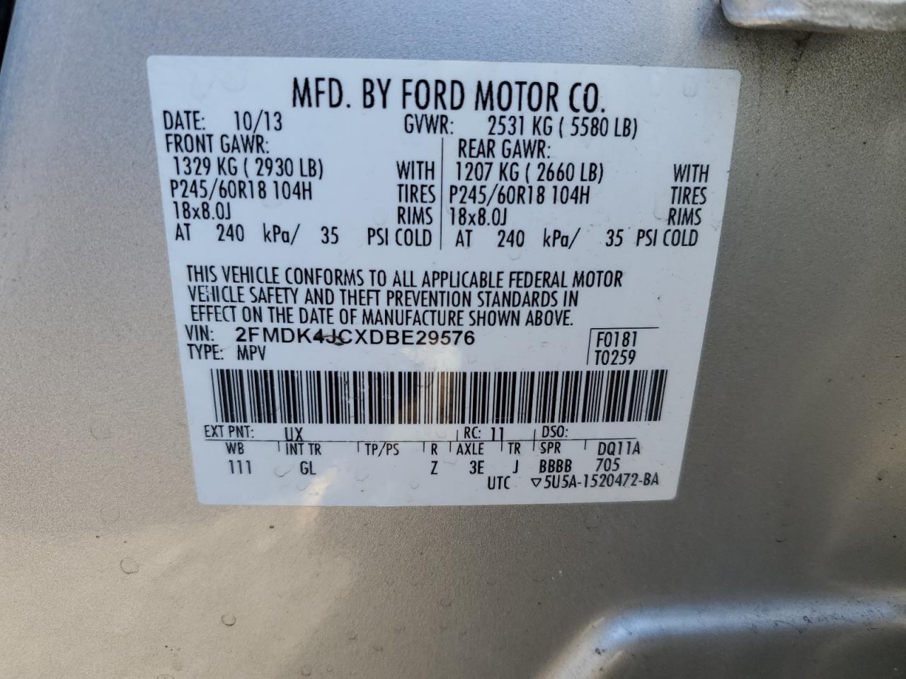 2013 Ford Edge VIN 2FMDK4JCXDBE29576 Copart auction photo, minor dent/scratches damage thumbnail 13