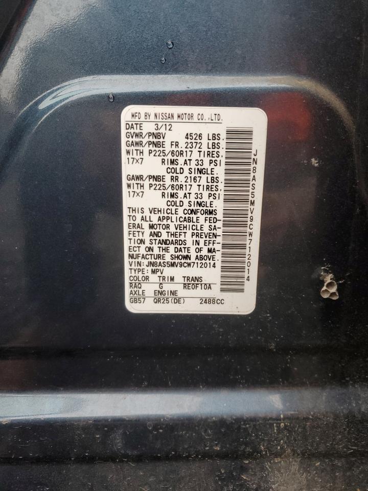 2012 Nissan Rogue VIN JN8AS5MV9CW712014 Copart auction photo, front end / undercarriage damage thumbnail 15