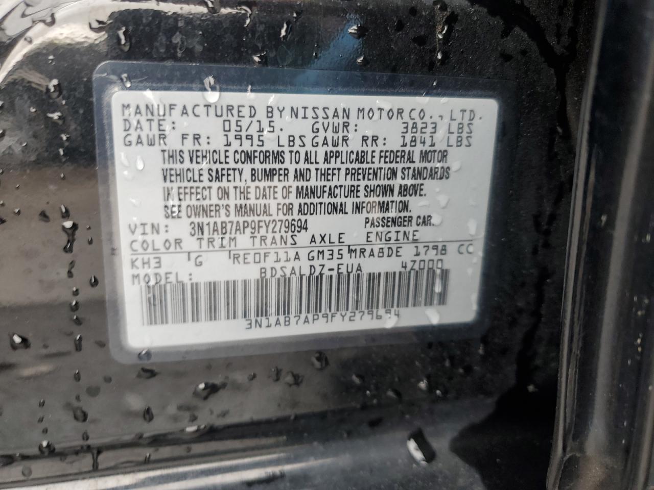 2015 Nissan Sentra VIN 3N1AB7AP9FY279694 Copart auction photo, top/roof / side damage thumbnail 12