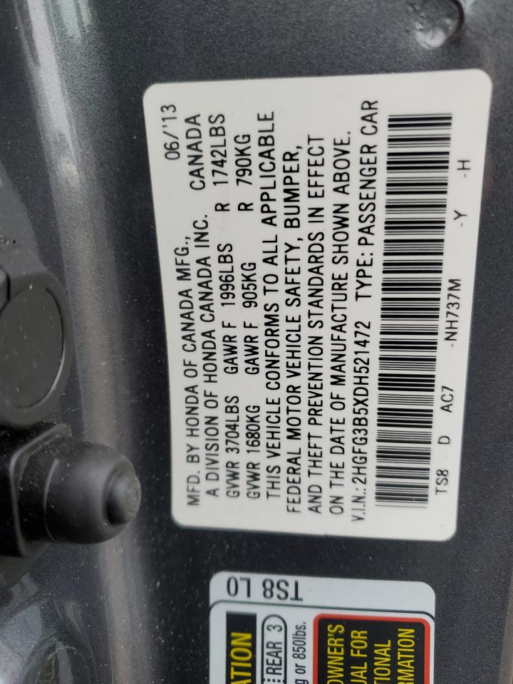 2013 Honda Civic VIN 2HGFG3B5XDH521472 Copart auction photo, front end / minor dent/scratches damage thumbnail 12