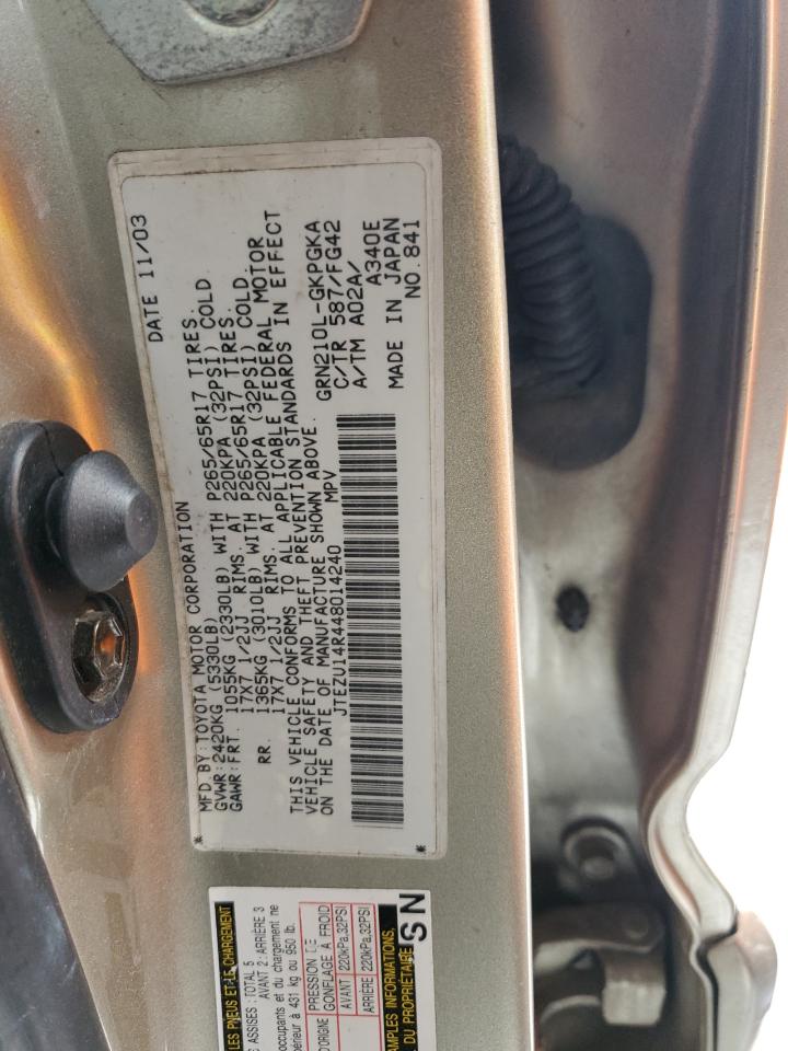 2004 Toyota 4Runner VIN JTEZU14R448014240 Copart auction photo, front end / side damage thumbnail 13
