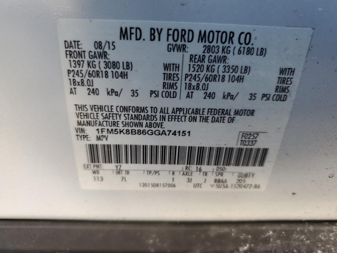 2016 Ford Explorer VIN 1FM5K8B86GGA74151 Copart auction photo, front end / rear end damage thumbnail 13