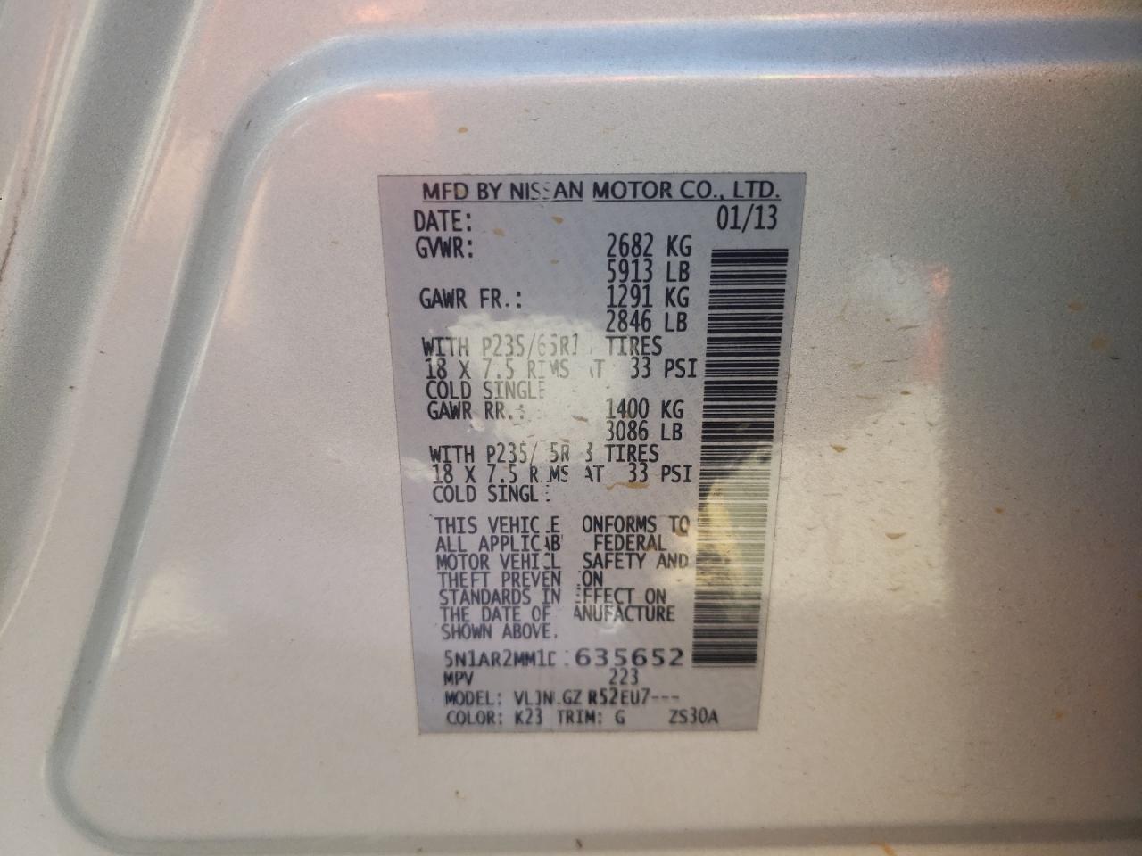 2013 Nissan Pathfinder VIN 5N1AR2MM1DC635652 Copart auction photo, front end / rear end damage thumbnail 13