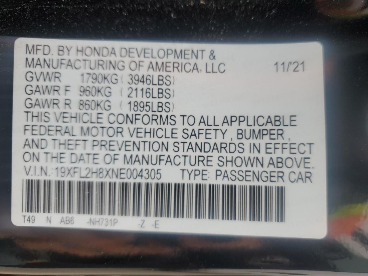 2022 Honda Civic VIN 19XFL2H8XNE004305 Copart auction photo, front end / rear end damage thumbnail 15