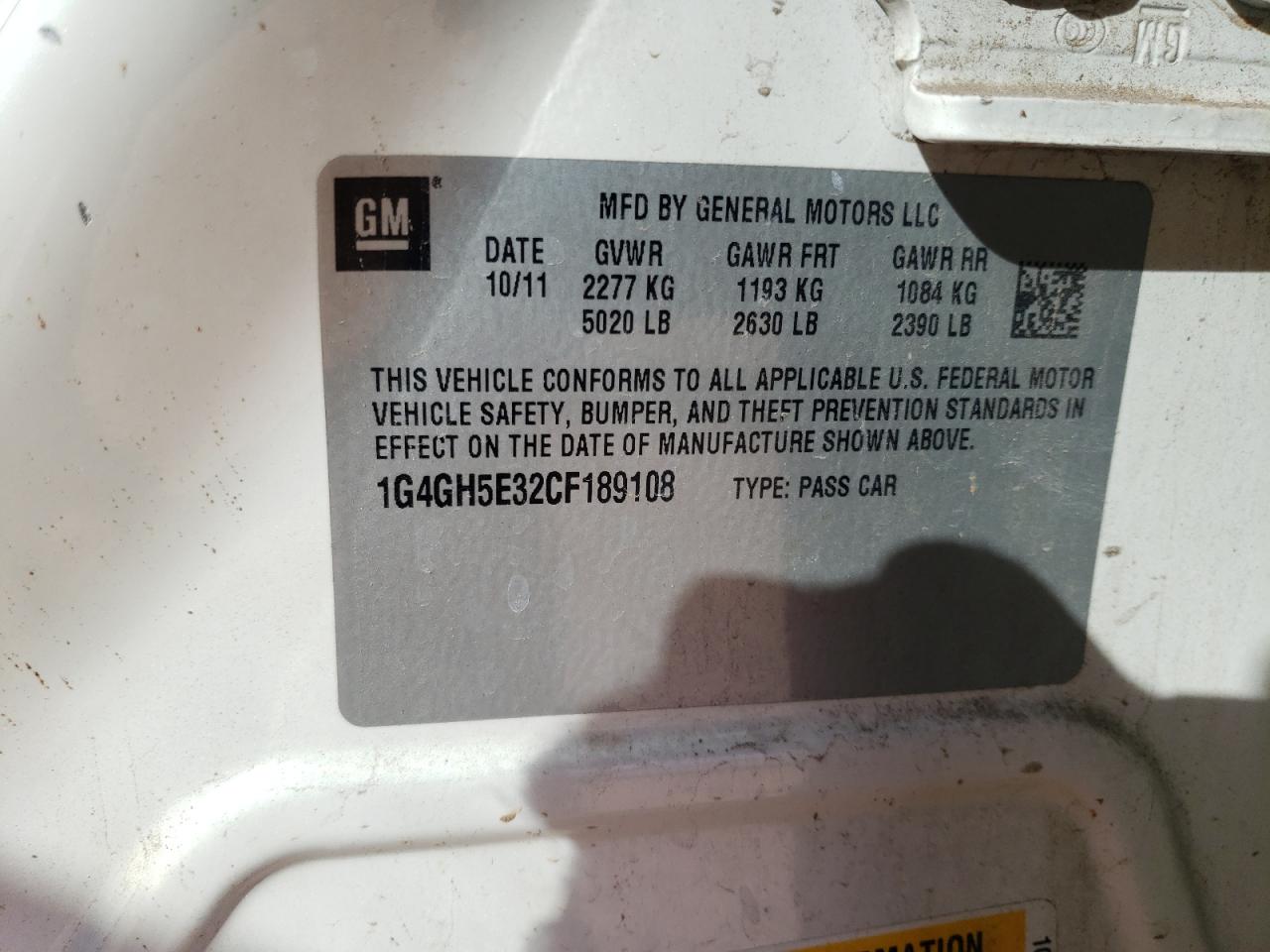 2012 Buick LaCrosse VIN 1G4GH5E32CF189108 Copart auction photo, rear end damage thumbnail 12