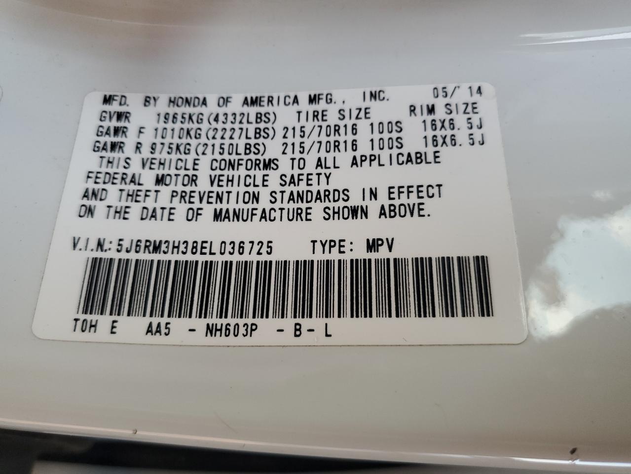 2014 Honda CR-V VIN 5J6RM3H38EL036725 Copart auction photo, front end damage thumbnail 13