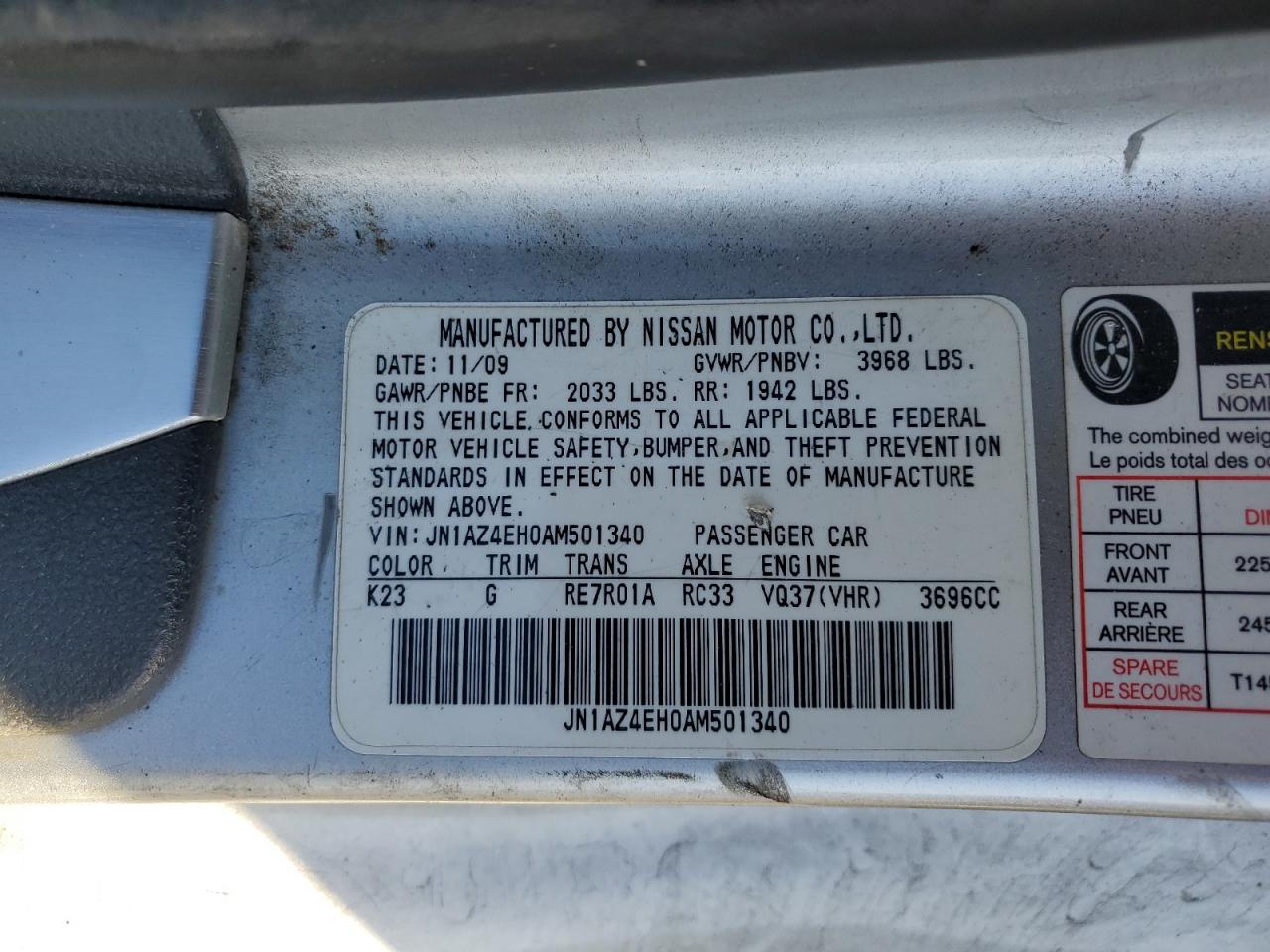 2010 Nissan 370Z VIN JN1AZ4EH0AM501340 Copart auction photo, front end damage thumbnail 12
