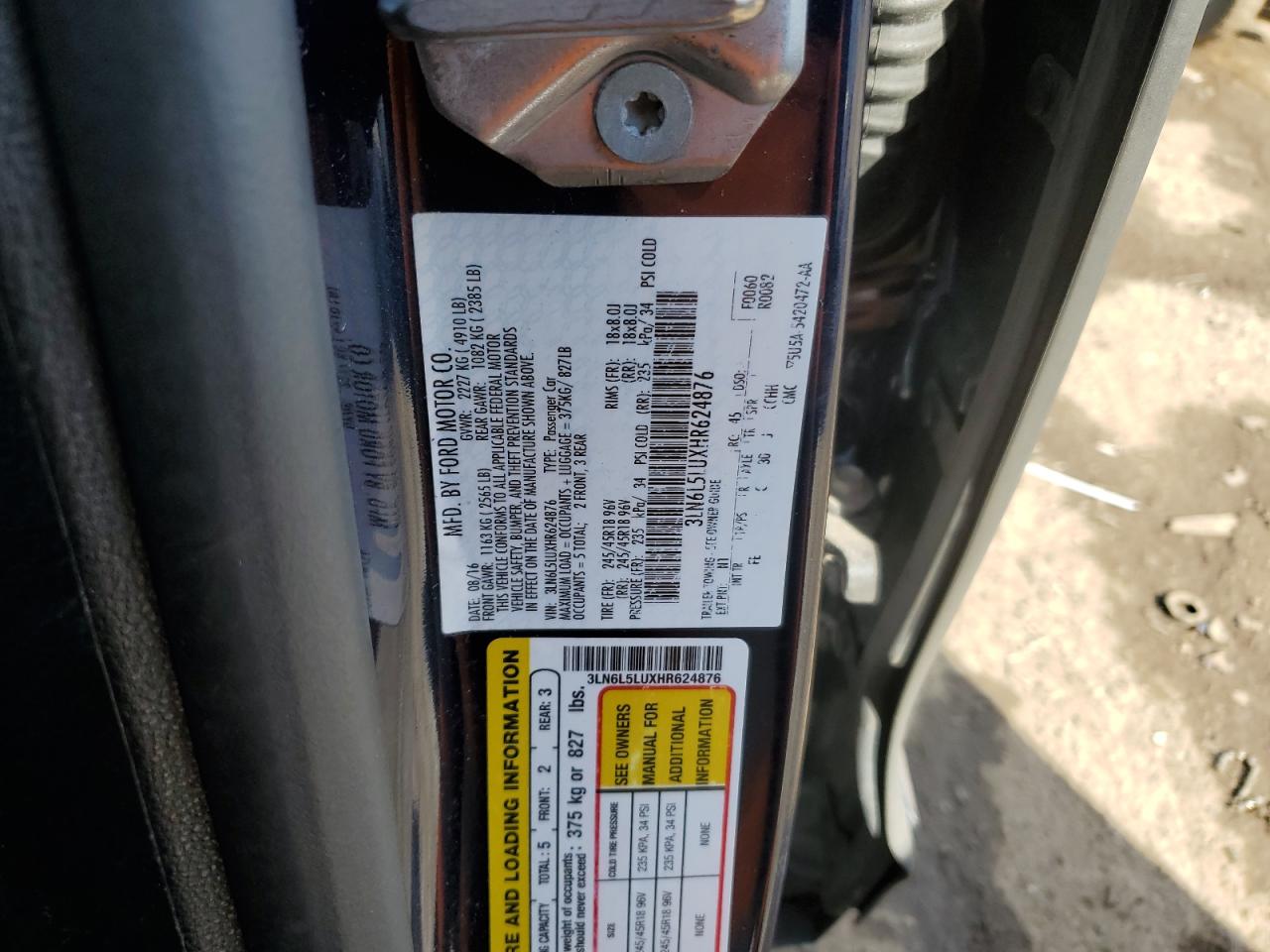 2017 Lincoln MKZ VIN 3LN6L5LUXHR624876 Copart auction photo, side / front end damage thumbnail 12