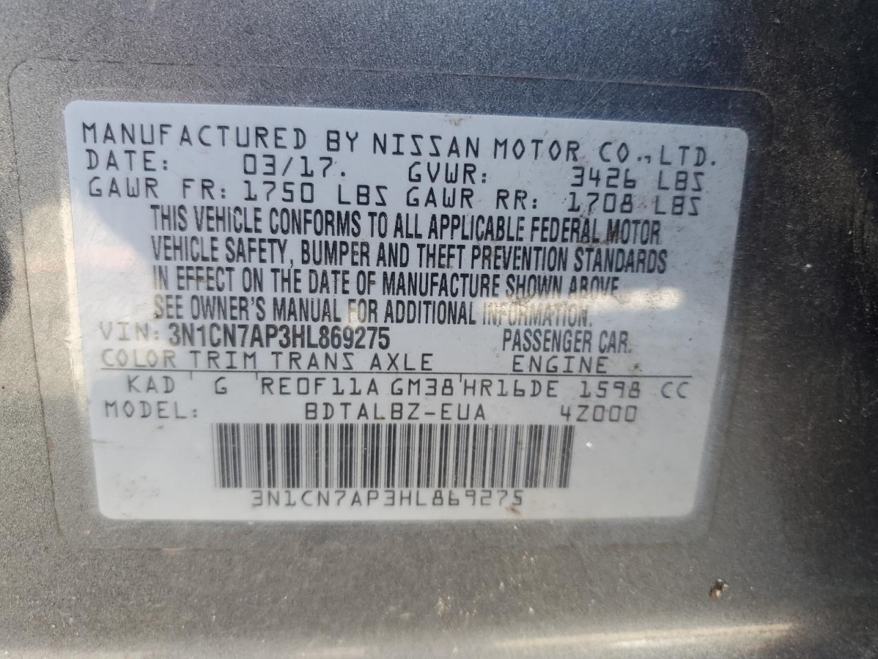 2017 Nissan Versa VIN 3N1CN7AP3HL869275 Copart auction photo, top/roof damage thumbnail 13