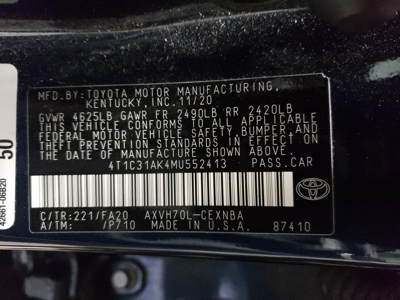 2021 Toyota Camry VIN 4T1C31AK4MU552413 Copart auction photo, front end damage thumbnail 13