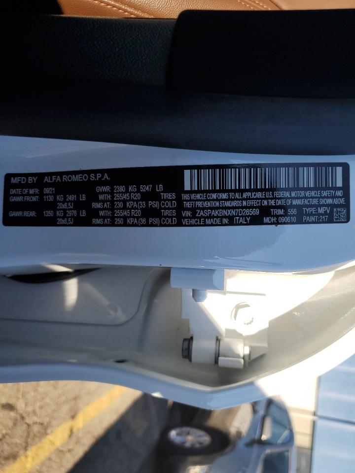 2022 Alfa Romeo Stelvio VIN ZASPAKBNXN7D26569 Copart auction photo, front end / side damage thumbnail 13