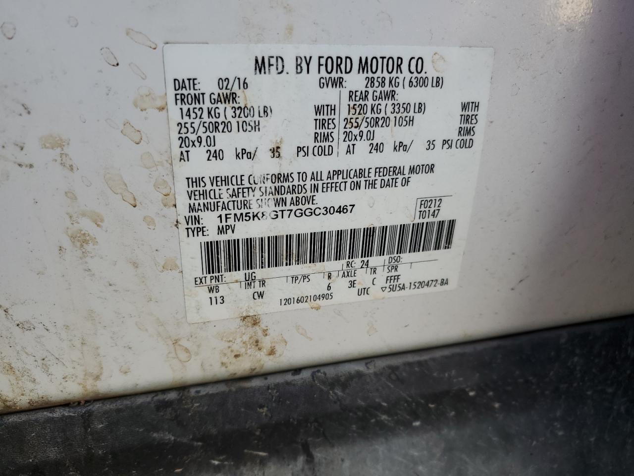 2016 Ford Explorer VIN 1FM5K8GT7GGC30467 Copart auction photo, front end / minor dent/scratches damage thumbnail 16