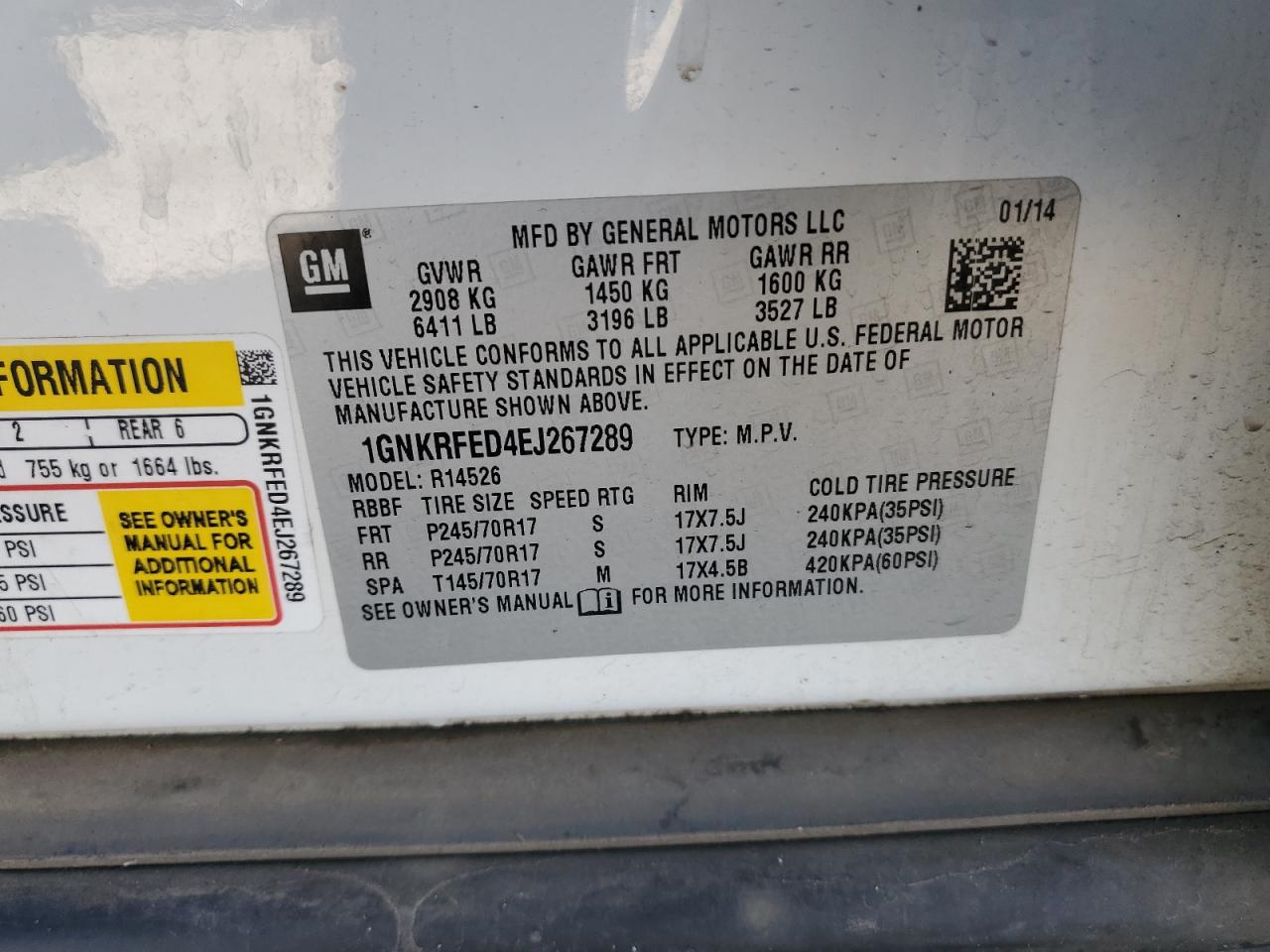 2014 Chevrolet Traverse VIN 1GNKRFED4EJ267289 Copart auction photo, rear end damage thumbnail 14