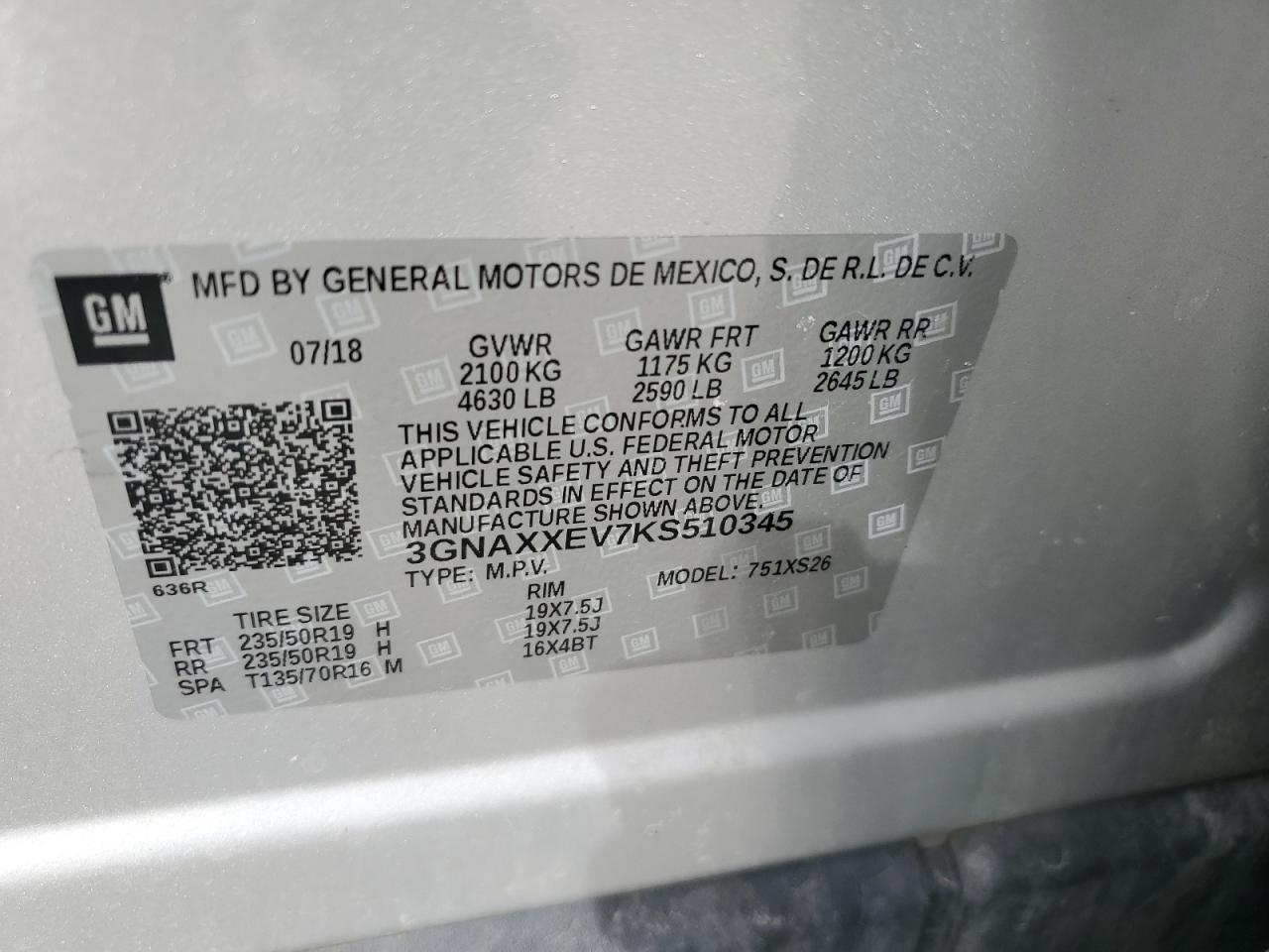 2019 Chevrolet Equinox VIN 3GNAXXEV7KS510345 Copart auction photo, front end damage thumbnail 15