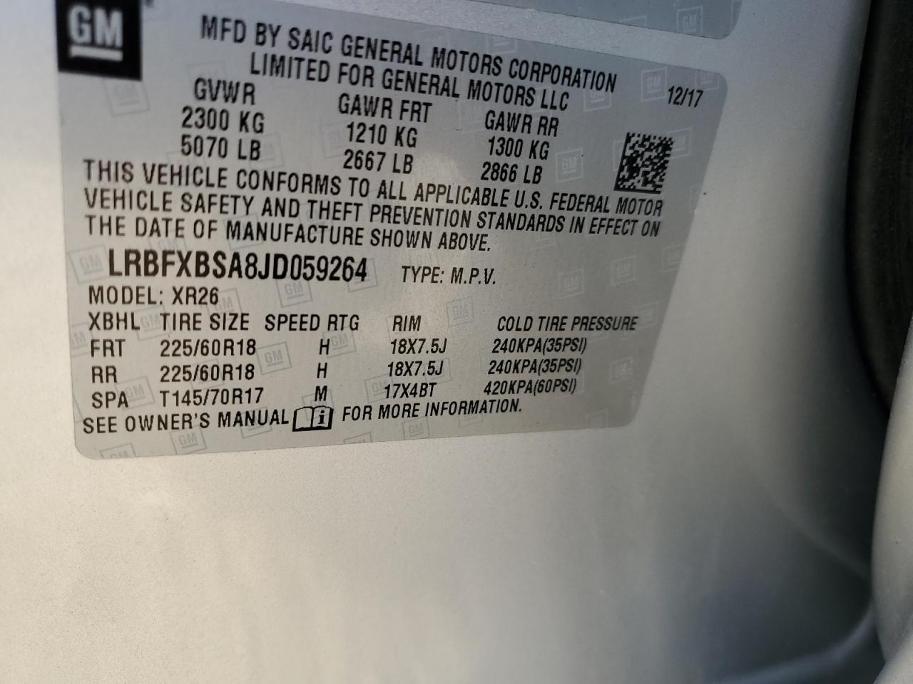 2018 Buick Envision VIN LRBFXBSA8JD059264 Copart auction photo, side / front end damage thumbnail 13