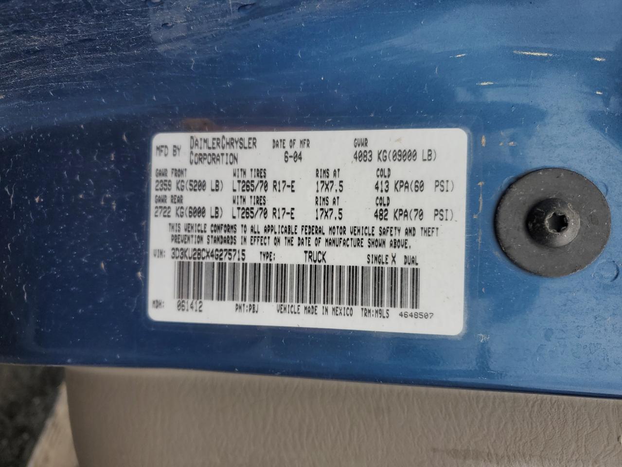 2004 Dodge RAM VIN 3D3KU28CX4G275715 Copart auction photo, front end damage thumbnail 14