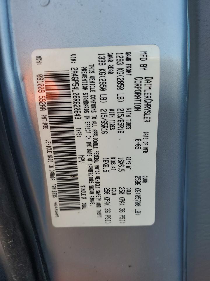 2006 Chrysler Town & Country VIN 2A4GP54L06R620643 Copart auction photo, front end damage thumbnail 13