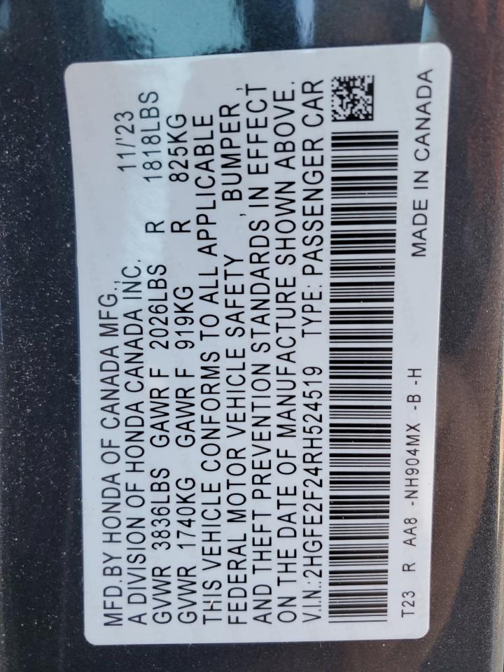 2024 Honda Civic VIN 2HGFE2F24RH524519 Copart auction photo, side / rear end damage thumbnail 14