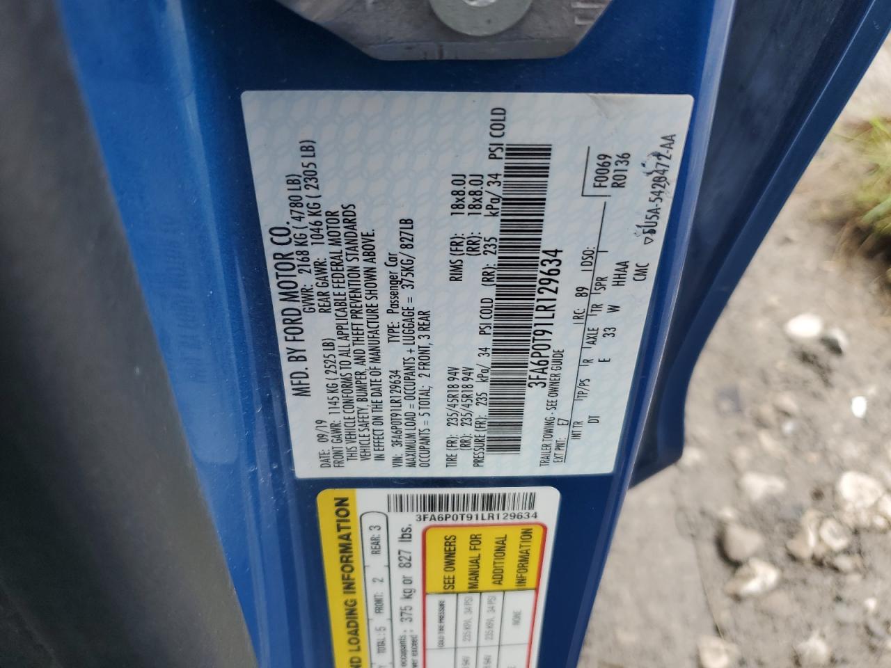 2020 Ford Fusion VIN 3FA6P0T91LR129634 Copart auction photo, front end damage thumbnail 14