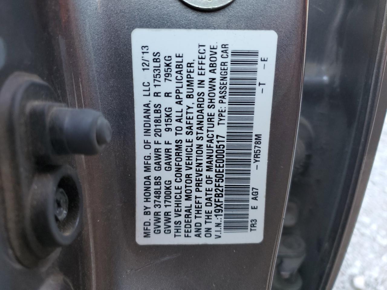 2014 Honda Civic VIN 19XFB2F50EE000517 Copart auction photo, front end damage thumbnail 12