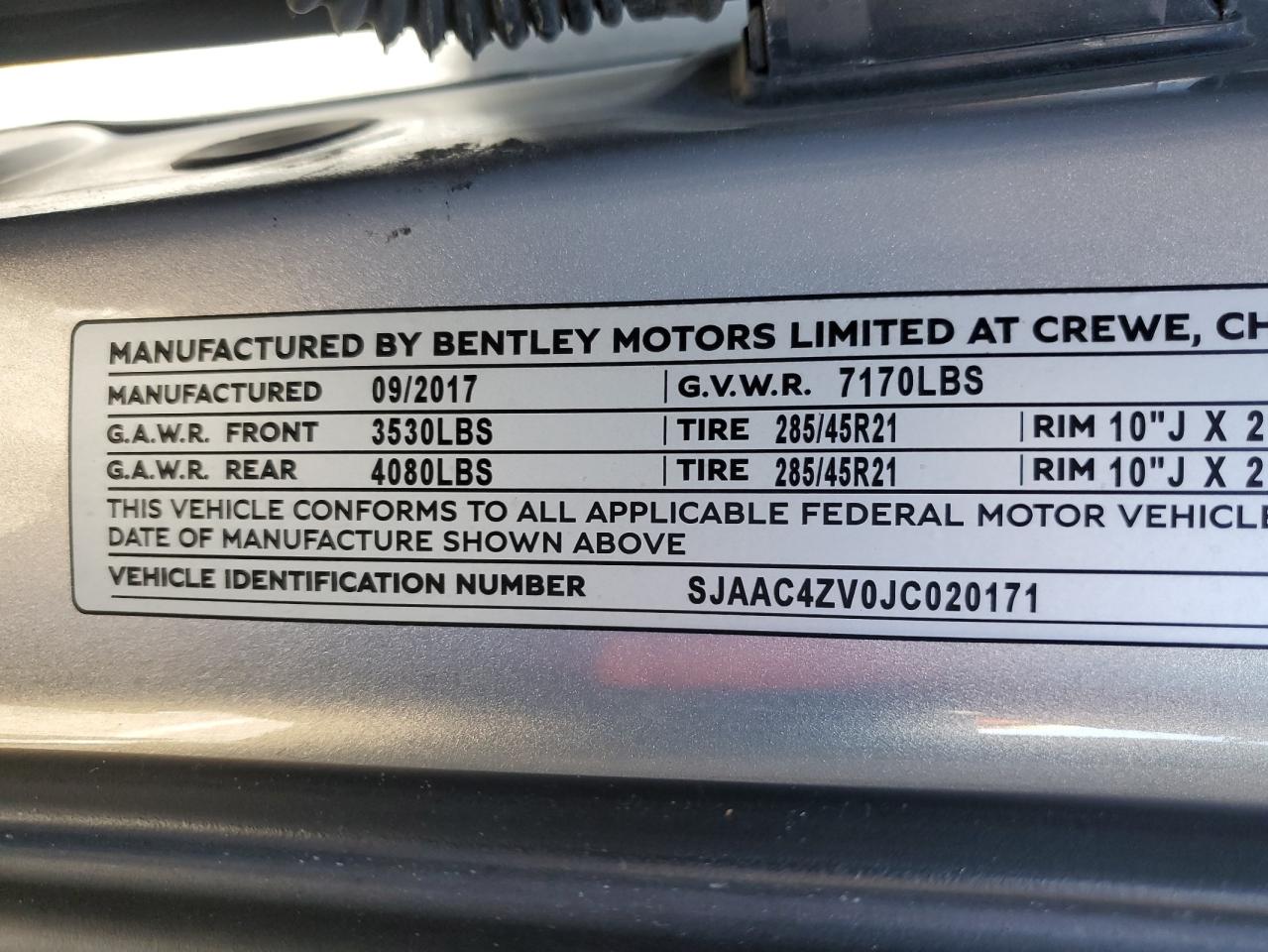 2018 Bentley Bentayga VIN SJAAC4ZV0JC020171 Copart auction photo, side / rear end damage thumbnail 14