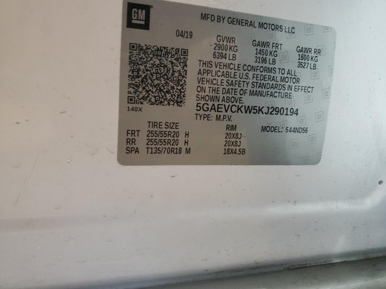 2019 Buick Enclave VIN 5GAEVCKW5KJ290194 Copart auction photo, front end damage thumbnail 16
