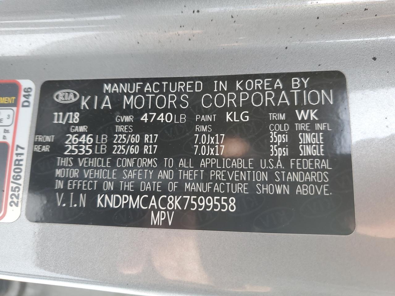 2019 KIA Sportage VIN KNDPMCAC8K7599558 Copart auction photo, burn damage thumbnail 12