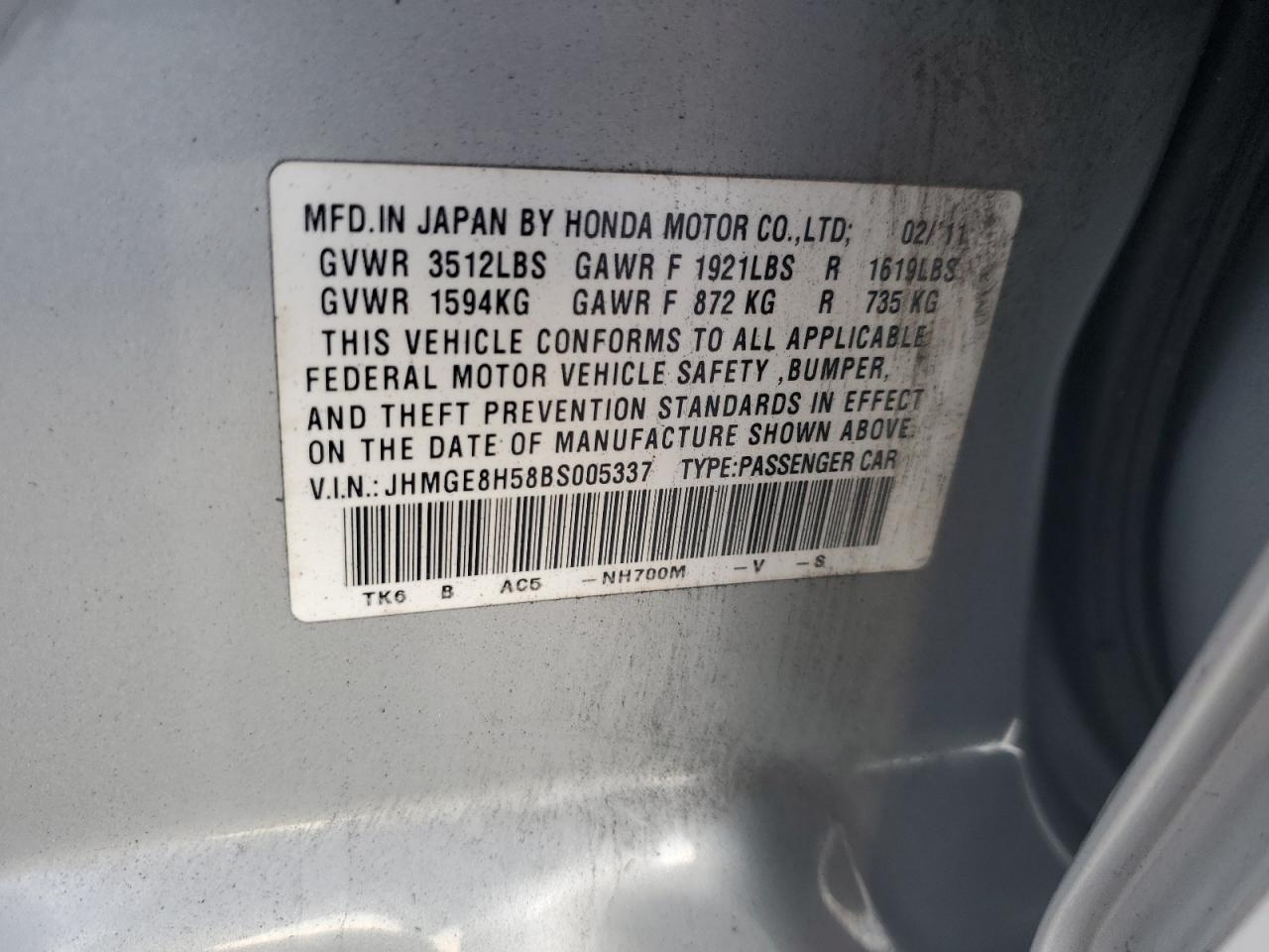 2011 Honda Fit VIN JHMGE8H58BS005337 Copart auction photo, front end damage thumbnail 14