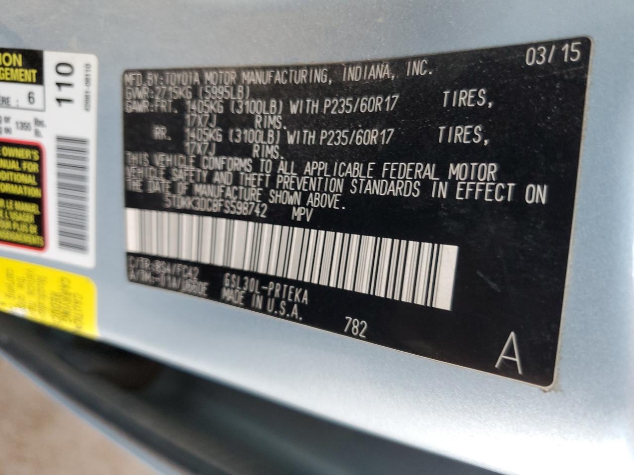 2015 Toyota Sienna VIN 5TDKK3DC8FS598742 Copart auction photo, front end / side damage thumbnail 13
