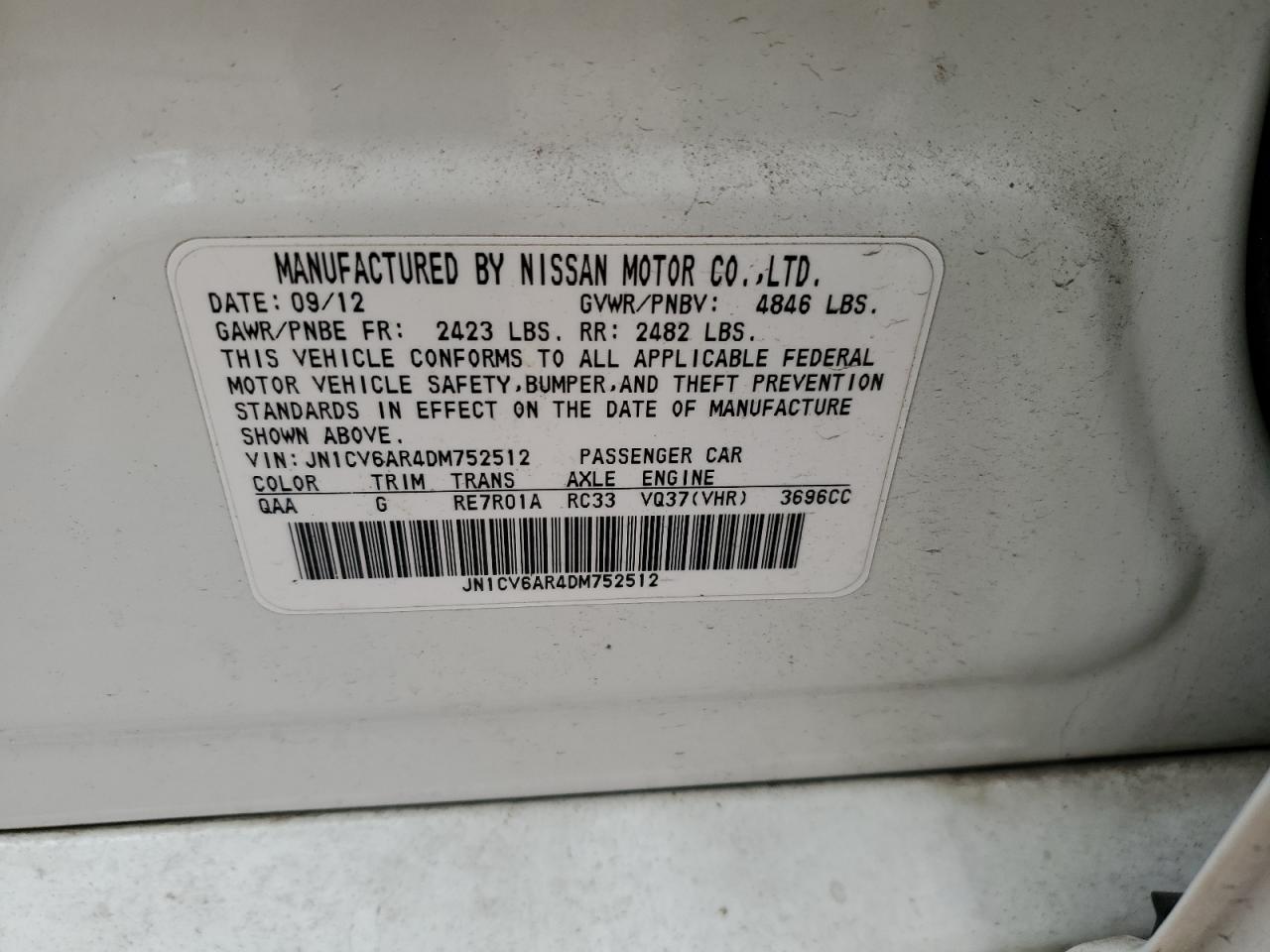 2013 Infiniti G VIN JN1CV6AR4DM752512 Copart auction photo, front end / rear end damage thumbnail 12
