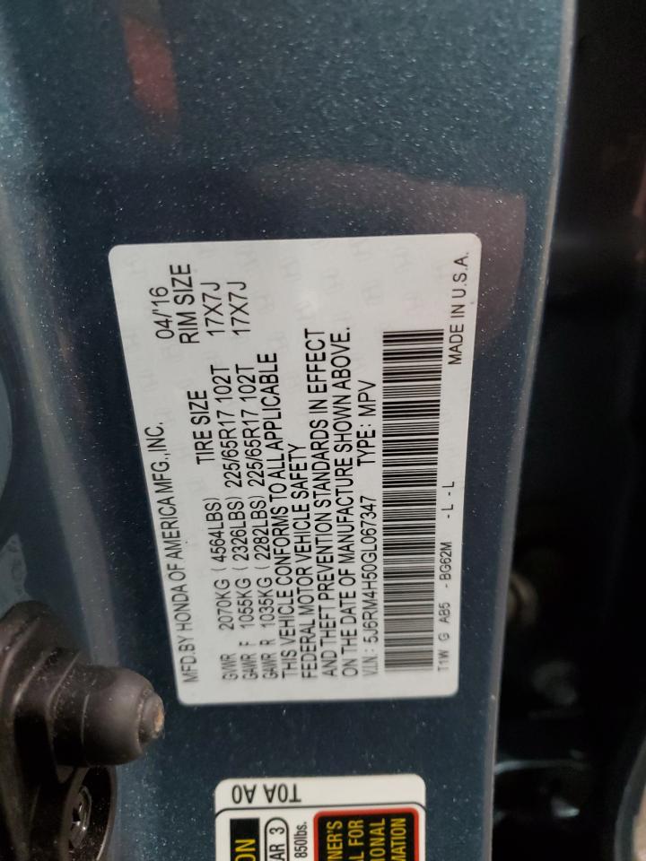 2016 Honda CR-V VIN 5J6RM4H50GL067347 Copart auction photo, all over damage thumbnail 14