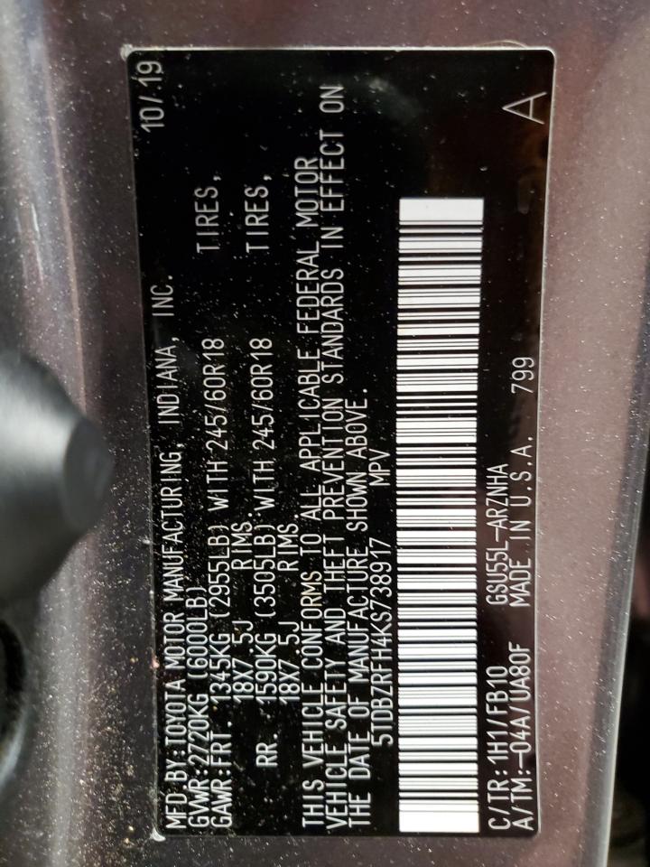 2019 Toyota Highlander VIN 5TDBZRFH4KS738917 Copart auction photo, front end damage thumbnail 16