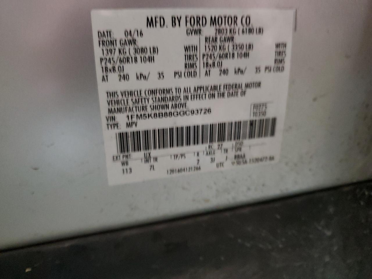 2016 Ford Explorer VIN 1FM5K8B88GGC93726 Copart auction photo, front end / minor dent/scratches damage thumbnail 14
