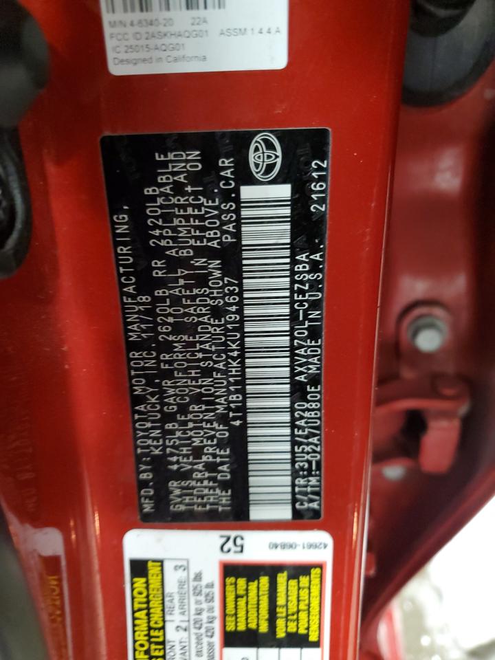 2019 Toyota Camry VIN 4T1B11HK4KU194637 Copart auction photo, side / front end damage thumbnail 15