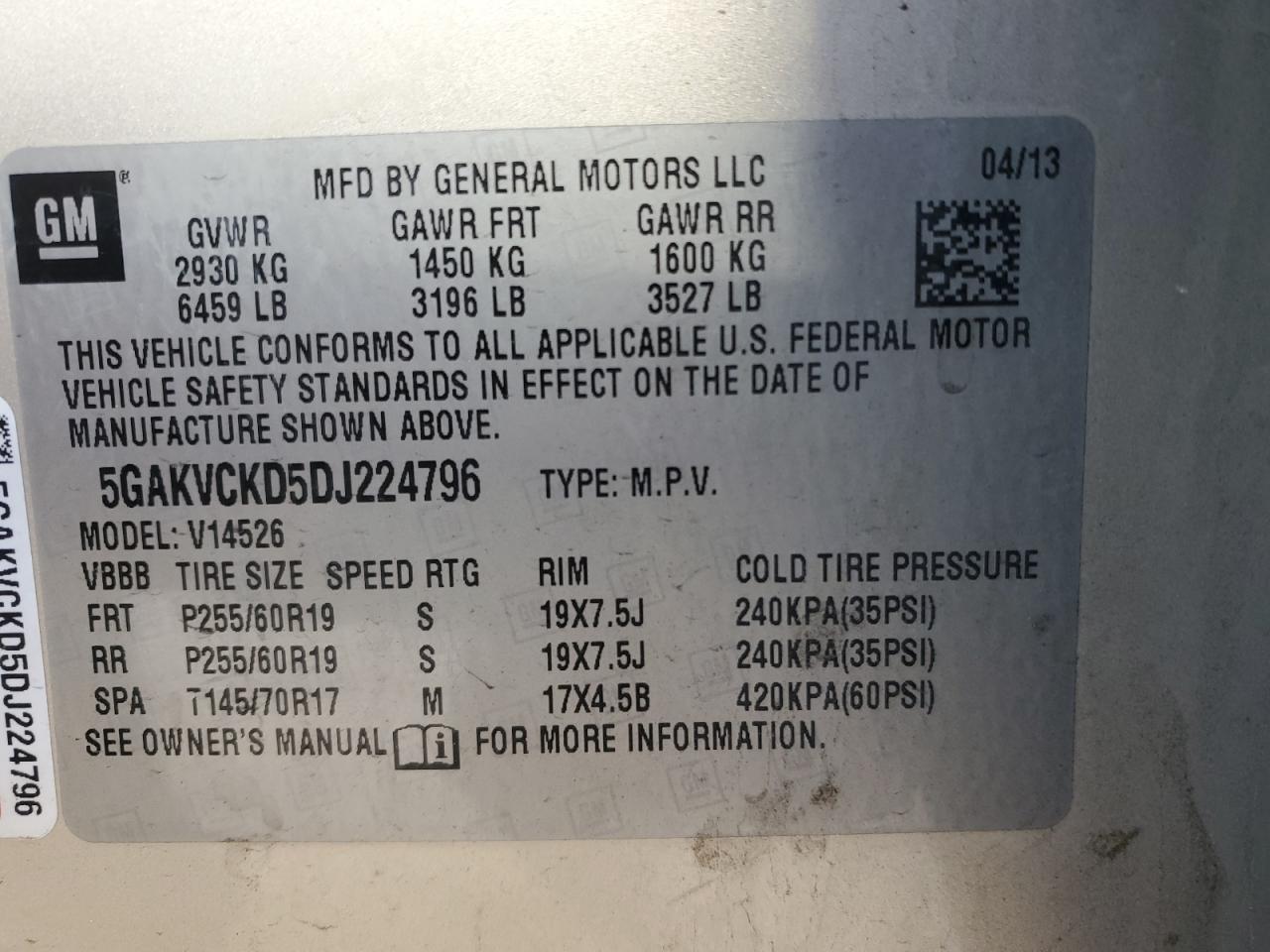 2013 Buick Enclave VIN 5GAKVCKD5DJ224796 Copart auction photo, rear end / hail damage thumbnail 14