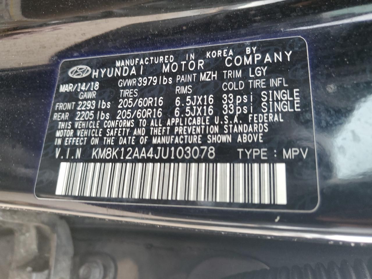 2018 Hyundai Kona VIN KM8K12AA4JU103078 Copart auction photo, front end damage thumbnail 14