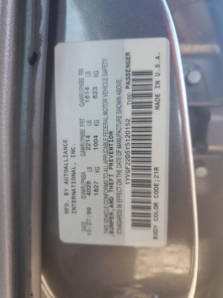 2000 Mazda 626 VIN 1YVGF22D5Y5120152 Copart auction photo, mechanical damage thumbnail 12