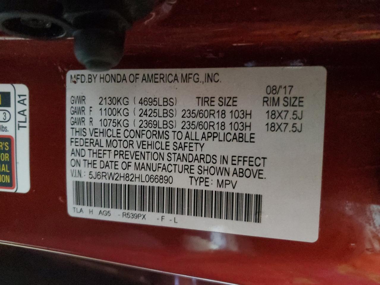 2017 Honda CR-V VIN 5J6RW2H82HL066890 Copart auction photo, undercarriage / front end damage thumbnail 13