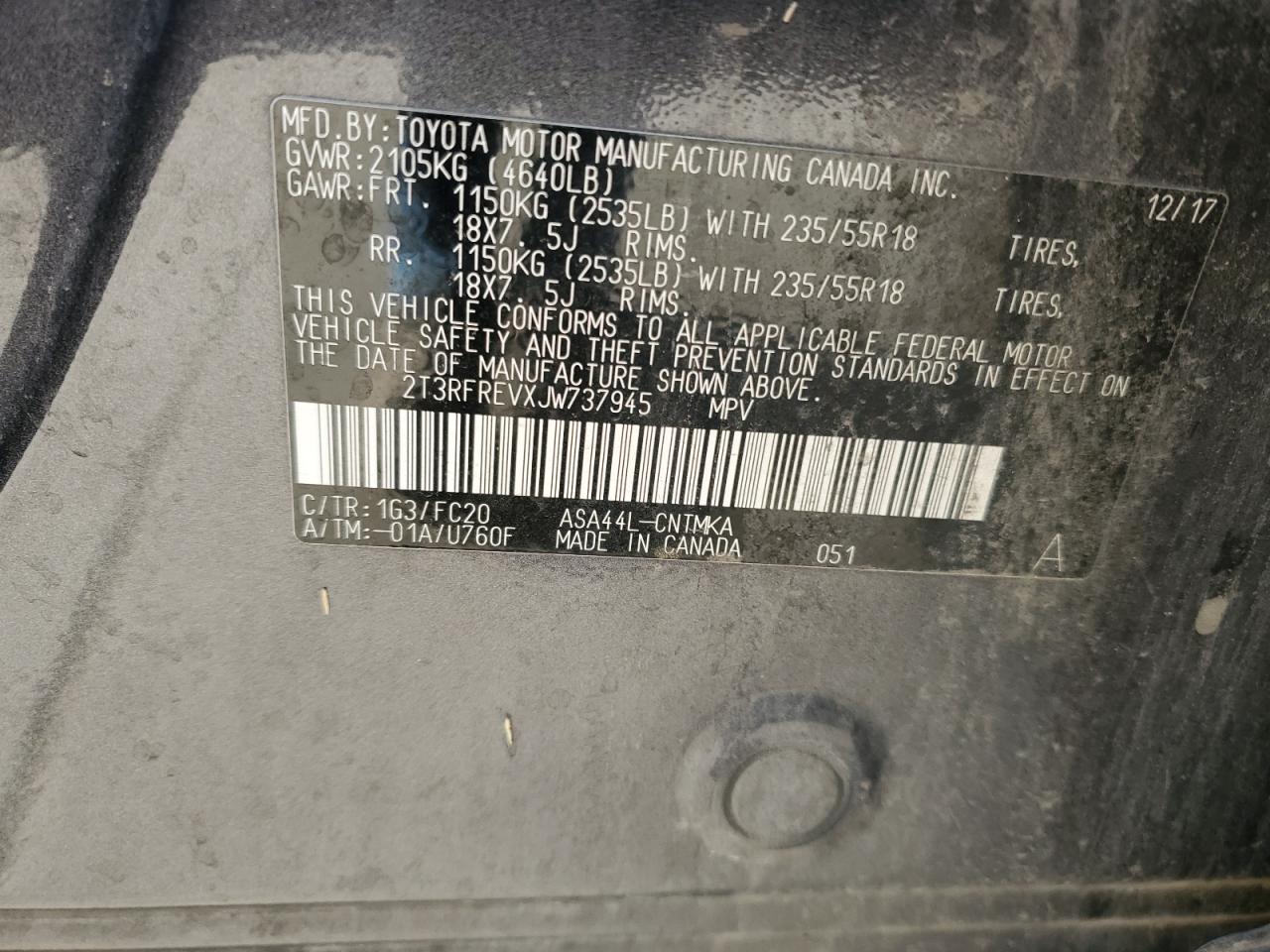 2018 Toyota RAV 4 VIN 2T3RFREVXJW737945 Copart auction photo, front end damage thumbnail 13