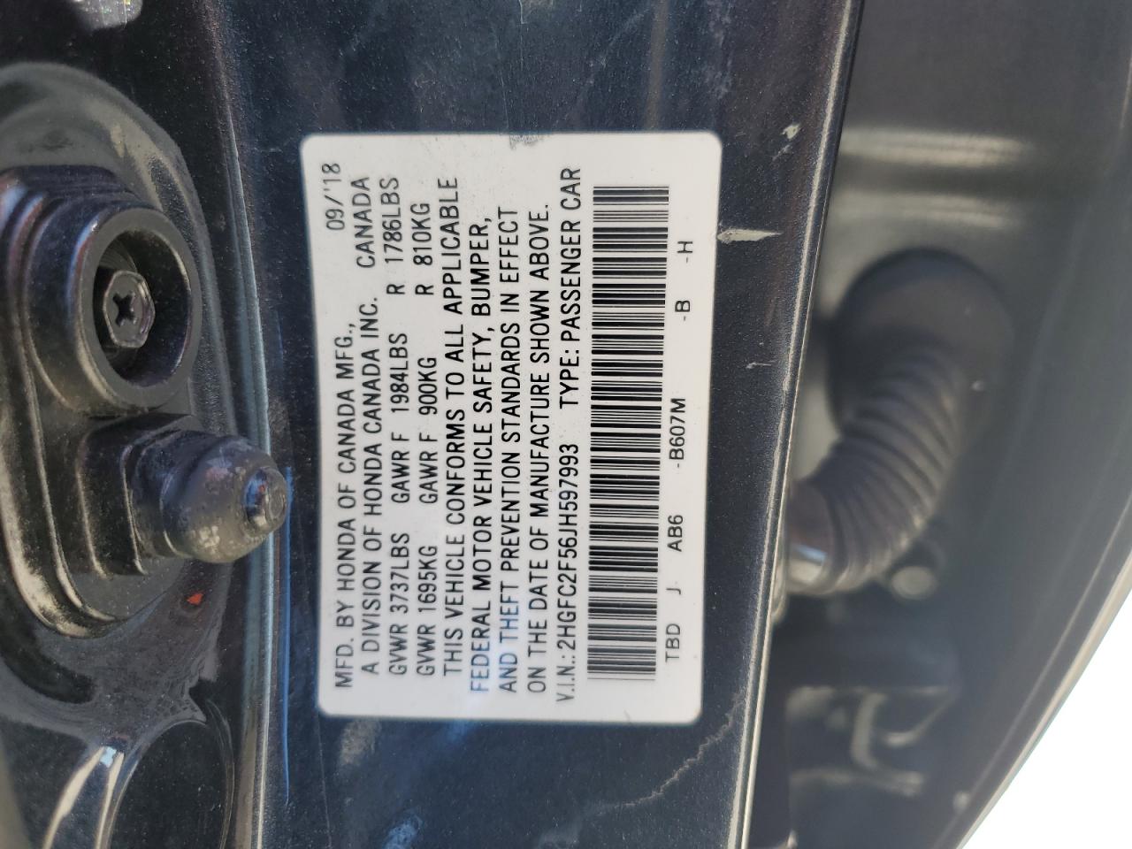 2018 Honda Civic VIN 2HGFC2F56JH597993 Copart auction photo, front end damage thumbnail 12