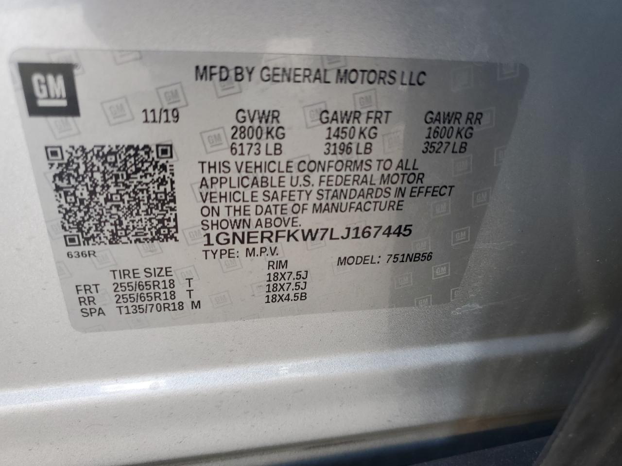 2020 Chevrolet Traverse VIN 1GNERFKW7LJ167445 Copart auction photo, front end / side damage thumbnail 12