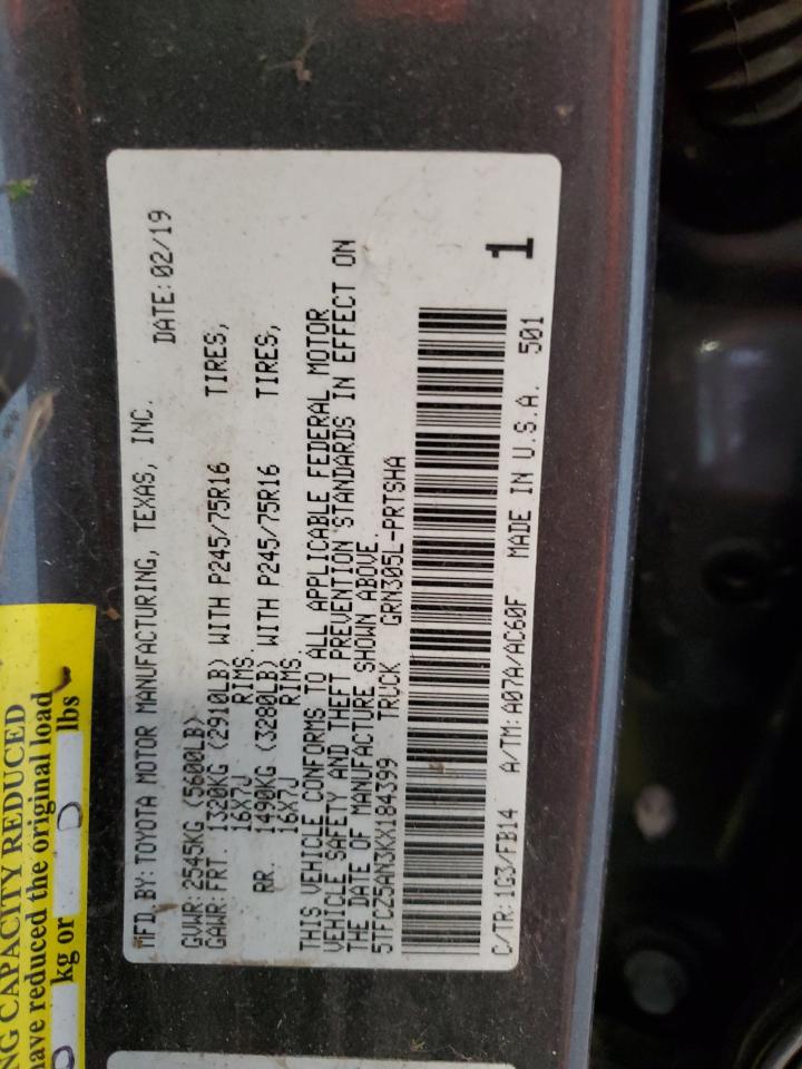 2019 Toyota Tacoma VIN 5TFCZ5AN3KX184399 Copart auction photo, all over damage thumbnail 12