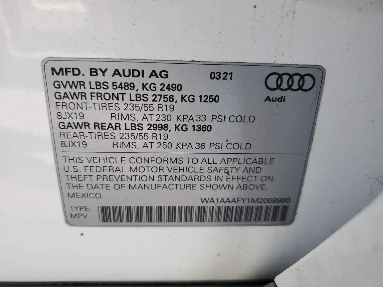 2021 Audi Q5 VIN WA1AAAFY1M2068980 Copart auction photo, front end damage thumbnail 13
