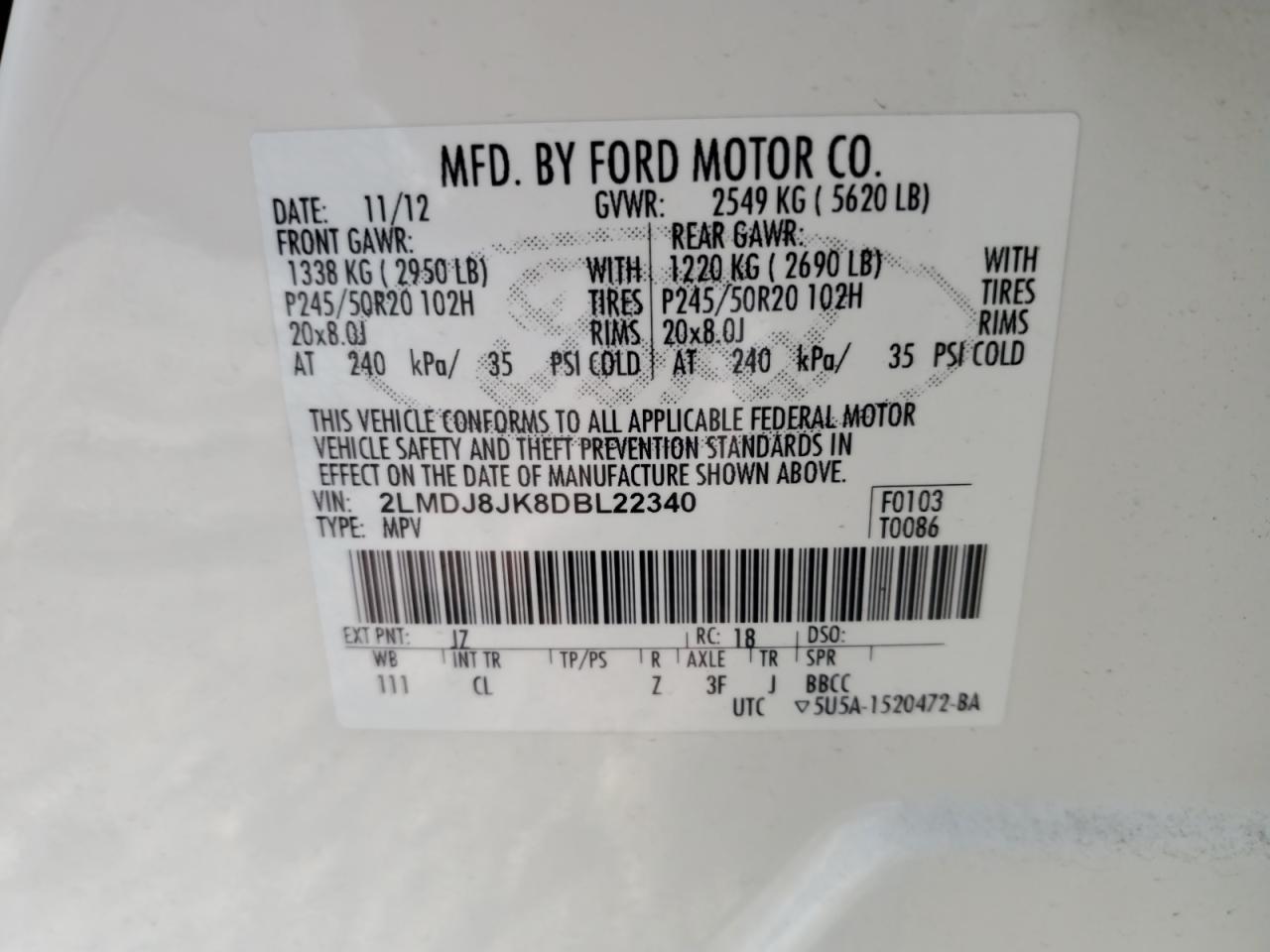 2013 Lincoln MKX VIN 2LMDJ8JK8DBL22340 Copart auction photo, front end damage thumbnail 15