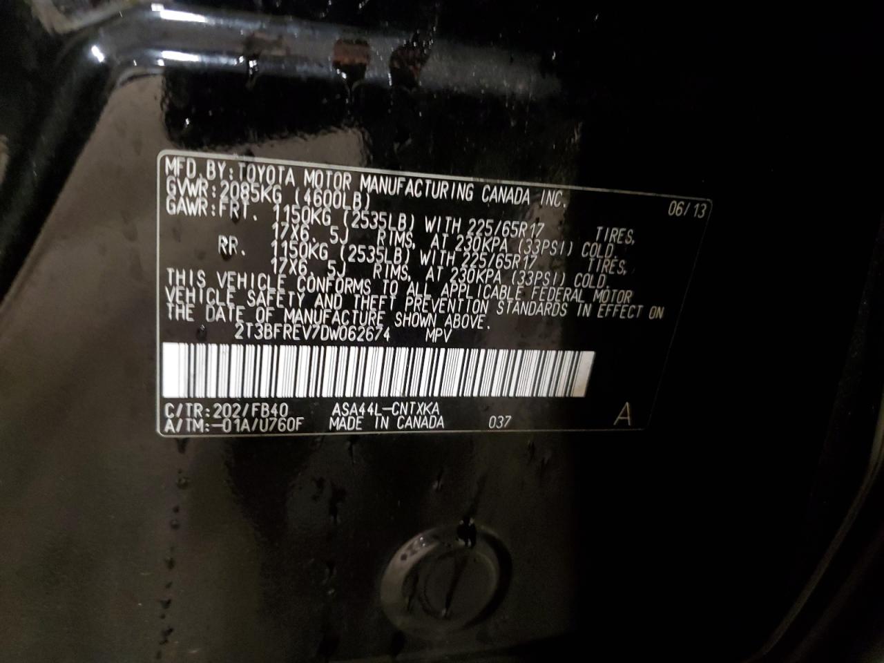 2013 Toyota RAV 4 VIN 2T3BFREV7DW062674 Copart auction photo, side damage thumbnail 13